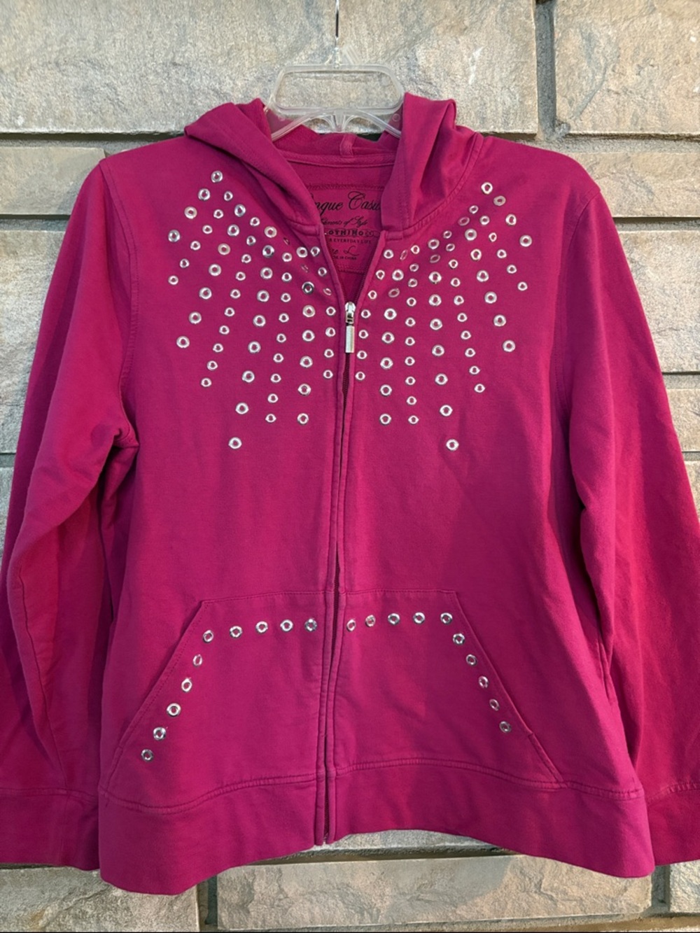 Onque Casuals Magenta Hooded Zip Jacket with Stud Accents
